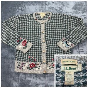 VTG LL Bean Handknit Wool Floral Houndstooth Cardigan Grandma Sweater XL Green